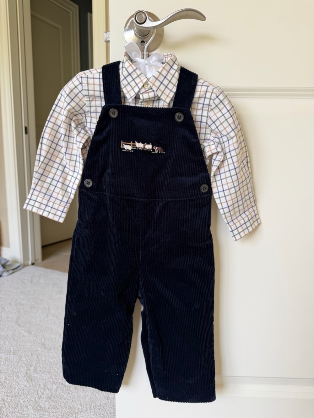 Ralph Lauren Navy Corduroy Overalls with Plaid Shirt Set